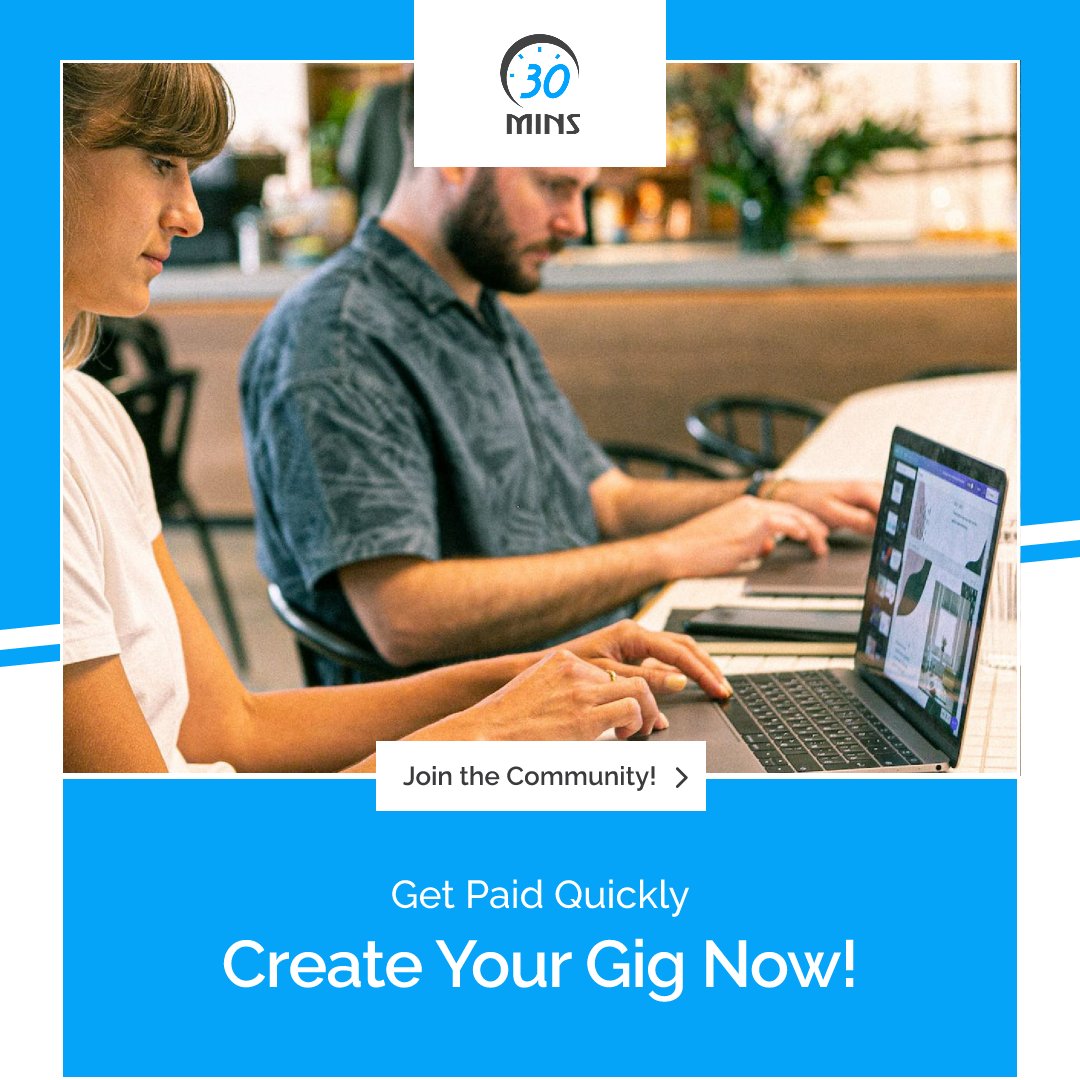 Join our growing freelance community. Create a Gig, Receive payment. For more details visit : 30mins.com/signup  
#freelance #gig #payment #earn