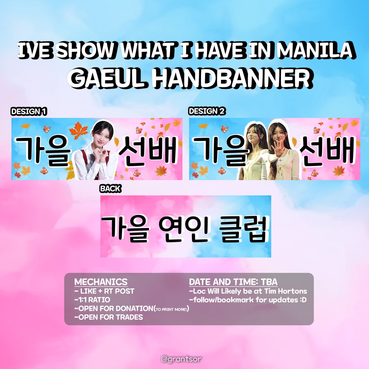 IVE SWIH Manila Gaeul Handbanner Giveaway / Freebies!

Mechanics:
~Like+RT this tweet
~1:1 ratio, random design
~Open to trades/donations
~follow is optional hehe

Time and Loc:
TBA but will likely be at Tim Hortons NU MOA

#SHOW_WHAT_I_HAVE_IN_MANILA
#SHOW_WHAT_I_HAVE_IN_MNL