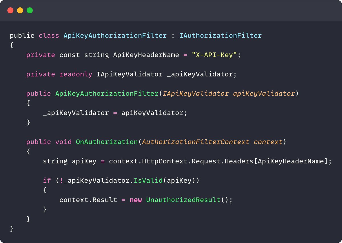 mjovanovictech's tweet image. How would you implement API Key authentication?
This kind of authentication mechanism is common in Server-to-Server (S2S) communication.
When your API serves other server-side applications to consume and integrate with.
Here's an implementation using an auth filter. 👇