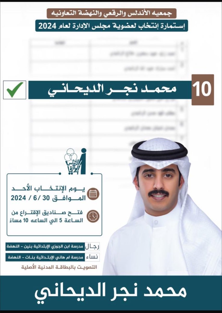 مرشح #جمعية_الاندلس_والرقعي_التعاونية
محمد نجر الديحاني ✅

ربِّ اختر له ولا تخيّره، فإنّ الخيرة فيما تختاره له اللهمّ يا مُدبِّر كلّ عسير دبِّر أمره فإنه لا يُحسن التدبير، واكتب له التوفيق .