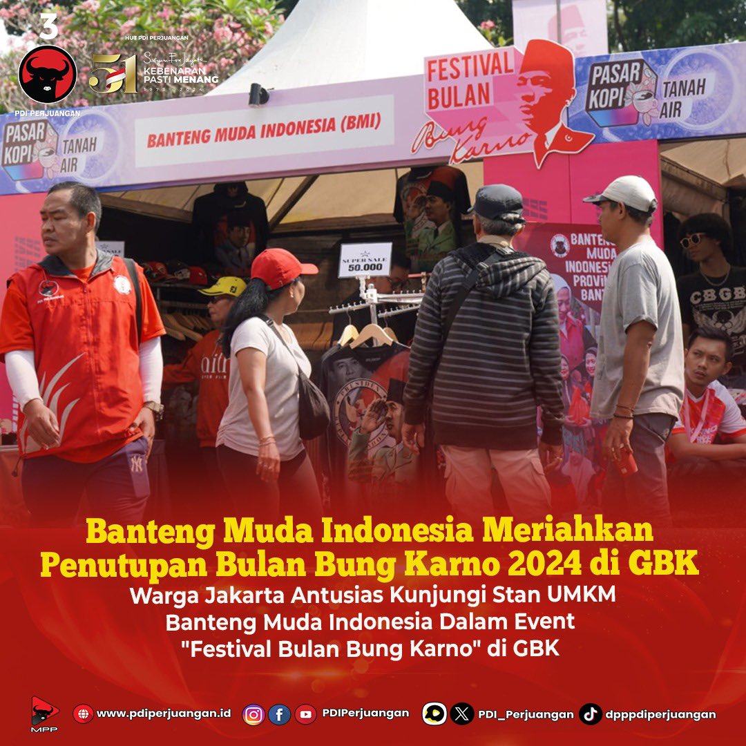 PDI_Perjuangan's tweet photo. Meriah! Masyarakat Antusias Hadiri Penutupan Bulan Bung Karno 2024 di GBK.

UMKM Disabilitas turut Meriahkan Penutupan Bulan Bung Karno 2024.

Banteng Muda Indonesia Meriahkan Penutupan Bulan Bung Karno 2024 di GBK.

Warga Jakarta Antusias Kunjungi Stan UMKM Banteng Muda Indonesia Dalam Event "Festival Bulan Bung Karno" di GBK.

#PDIPerjuangan
#MenangkanRakyat
#KebenaranPastiMenang
#SatyamEvaJayate
#Pancasila
#ApiPerjuangan