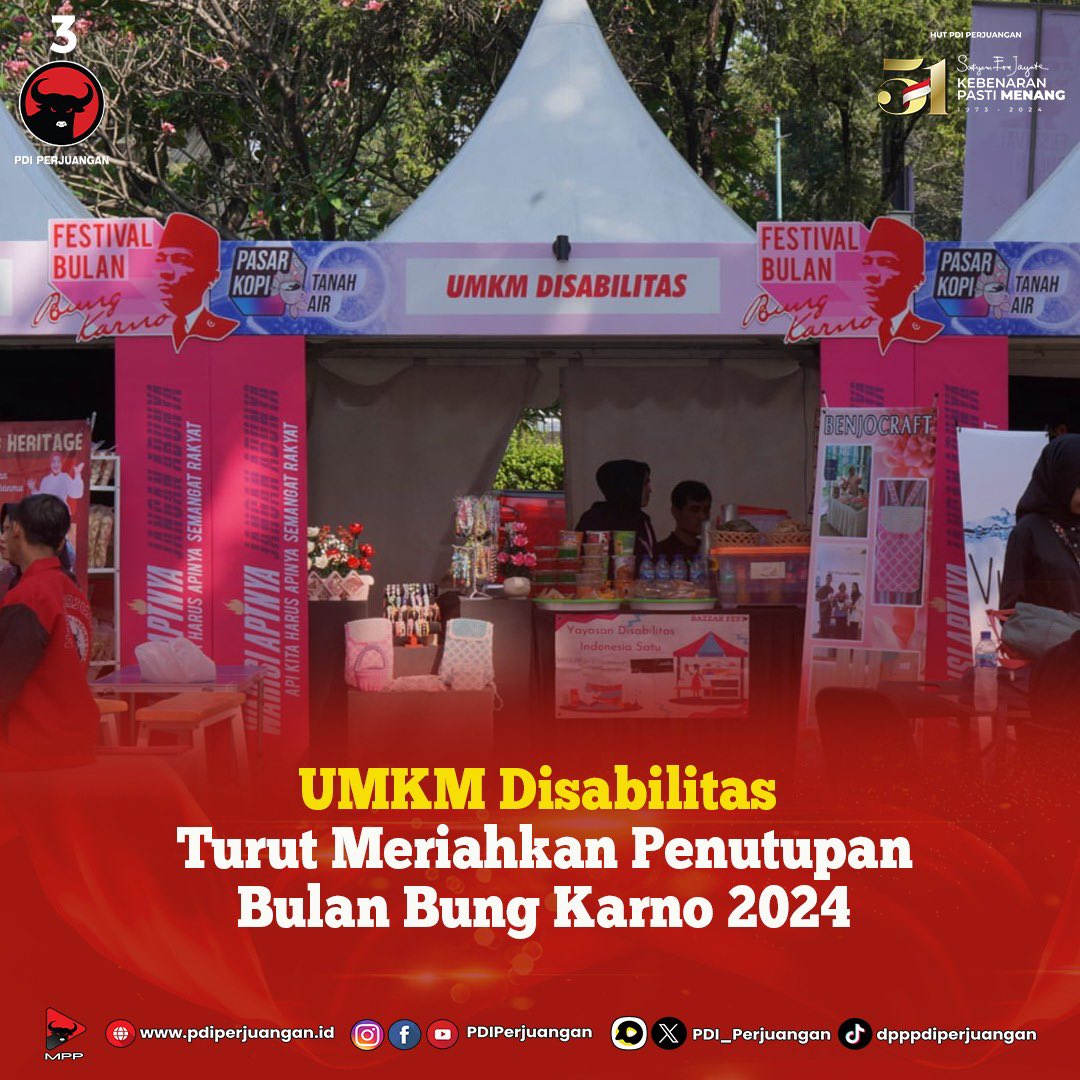 PDI_Perjuangan's tweet photo. Meriah! Masyarakat Antusias Hadiri Penutupan Bulan Bung Karno 2024 di GBK.

UMKM Disabilitas turut Meriahkan Penutupan Bulan Bung Karno 2024.

Banteng Muda Indonesia Meriahkan Penutupan Bulan Bung Karno 2024 di GBK.

Warga Jakarta Antusias Kunjungi Stan UMKM Banteng Muda Indonesia Dalam Event "Festival Bulan Bung Karno" di GBK.

#PDIPerjuangan
#MenangkanRakyat
#KebenaranPastiMenang
#SatyamEvaJayate
#Pancasila
#ApiPerjuangan