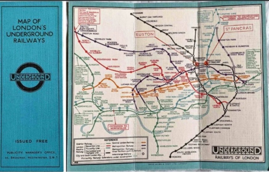 im__arcangelo's tweet photo. London Tube Map by Stingemore c1930. This is a special edition produced for the LMS Railway and highlights their stations at Euston and St Pancras. "We may have been the first to open it out when photographing it as the folds were still stiff from new". 

https://t.co/gPLFuKVLWo https://t.co/7hbbuPQXnn