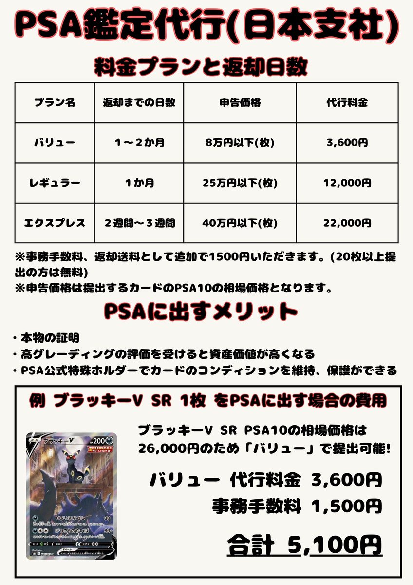 PSA鑑定代行】 バリュープランの代行料金を値下げしました！ 1枚から