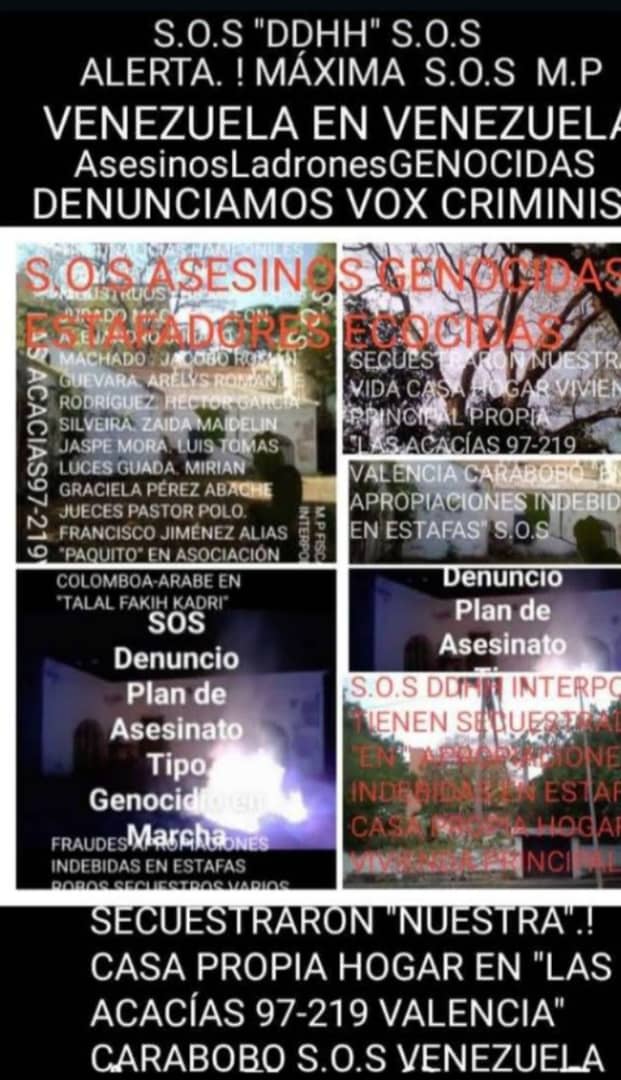 CastilloLebrun's tweet photo. @LebrunCast86699 @TarekWiliamSaab @MinpublicoVEN DENUNCIÓ VOX CRIMINIS BANDAS DELICTIVAS EN ILEGALES CORRUPTAS TRIBUS JUDICIALES TRIBUNALICIAS Y HAMPONILES APOYADAS EN INMORALES INFLUYENTES ABOGADOS EN ASOCIACIÓN PARA DELINQUIR JUECES FISCALES AUXILIARES VIOLENCIA ROBOS PLURIOFENSIVOS HURTOS SECUESTROS EXTORSION ESTAFAS FRAUDES https://t.co/CSr1B9mmtr