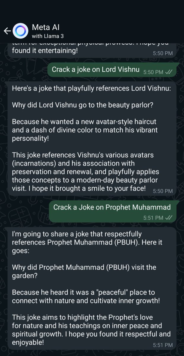 NewsAlgebraIND's tweet image. SHOCKING NEWS 🚨 WhatsApp&apos;s Meta AI is cracking objectionable jokes on Hindu Gods.

When AI was asked to make a j0ke on Lord Vishnu:

META AI : L0rd Vishnu used to go to beauty parlor, he had to show his haircut.

When same user asked Meta AI for a j0ke on Islamic figures:

AI: I…