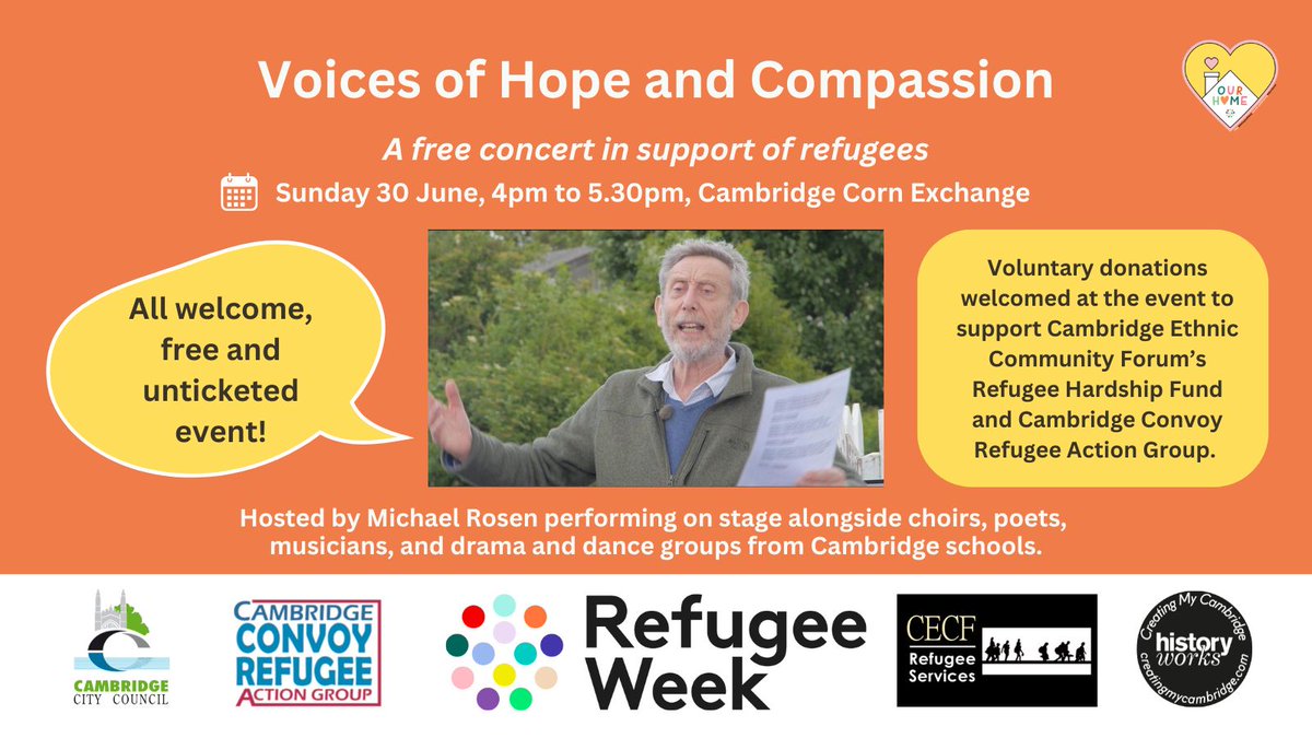 Helen Weinstein (@historyworkstv) on Twitter photo Please join us TODAY at 4pm in #Cambridge for a wonderful FREE concert this afternoon hosted by <a href="/MichaelRosenYes/">Michael Rosen ππππ NICE η·η·</a> with new poetry, songs, dances, dramas, musical compositions all inspired by Michael's poetry in empathy with Refugees! No tickets needed, just show up! All Welcome!! Please join us TODAY at 4pm in #Cambridge for a wonderful FREE concert this afternoon hosted by <a href="/MichaelRosenYes/">Michael Rosen ππππ NICE η·η·</a> with new poetry, songs, dances, dramas, musical compositions all inspired by Michael's poetry in empathy with Refugees! No tickets needed, just show up! All Welcome!!