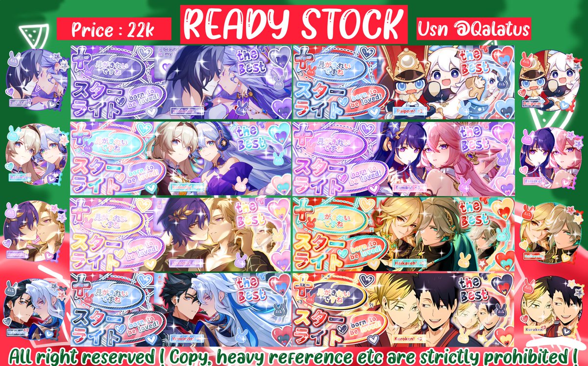 ~ HELP REPOST PLEASE ~

HEYYO! JasJus bawa 32 rs layout nih! Charanya ada dari gi hsr manga pjsk bandori wuwa anime hi3 dll! 

💵 20k/ea  couple 22k/ea

Mulai bisa ditakenya jam 19.00 w/o book fee!

Preview couple di reply ufs ya! Thanku 🫶

t: #zonauang #zonajajan #zonaba