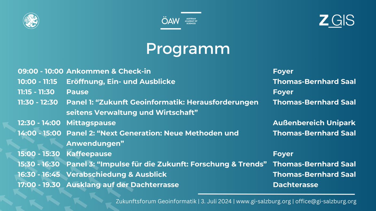 📅 Nur noch 3 Tage!  🌍
Wir freuen uns, das Programm für das Zukunftsforum Geoinformatik 2024 bekannt zu geben! Freue dich auf inspirierende Keynotes und spannende Panels zu den neuesten Entwicklungen in der Geoinformatik.
🔍Mehr Infos und Anmeldung unter: gi-salzburg.org