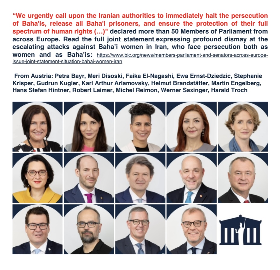 HR_Austria's tweet photo. Thank you @PetraBayr @disoski @dziedzic_ewa @el_nagashi @steffi_krisper @GudrunKugler @HBrandstaetter @MartinEngelberg Hans Stefan Hintner @karlamov Robert Laimer @michelreimon Harald Troch Werner Saxinger &amp; all MPs in Europe 4 this statement #Bahai #Iran: https://t.co/r6DzuF4gv9 https://t.co/pldIKh34pp