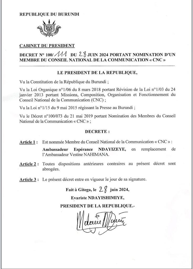 esperancenday's tweet photo. Je remercie de tout coeur Son Excellence  @GeneralNeva Président de la République du #Burundi pour cet honneur, cette confiance renouvelée. Je ferai de mon mieux pour bien accomplir ma mission.
A Dieu la gloire https://t.co/sWET7Z6FDo