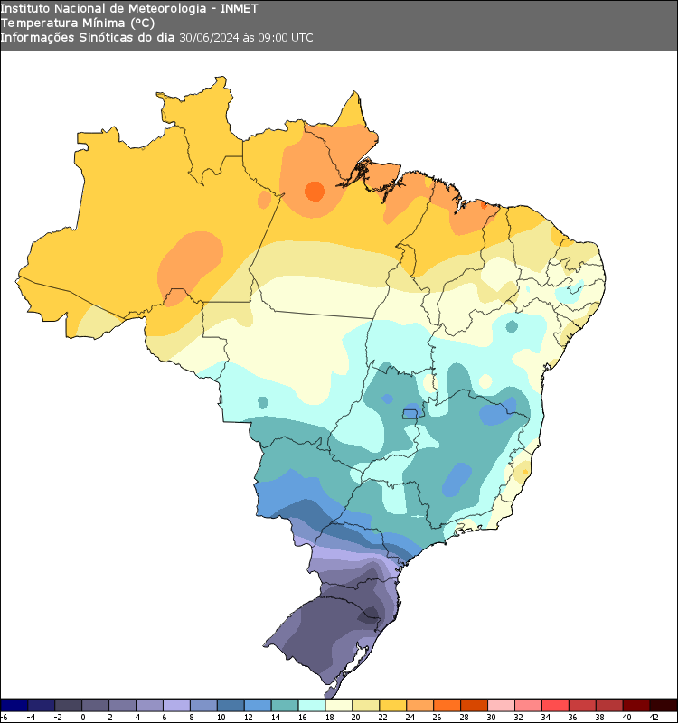 A Região Sul do Brasil está enfrentando uma forte massa de ar frio, de origem polar, resultando em queda acentuada das temperaturas e formação de geada. #Frio #Inverno #Geada #Temperatura Imagem: INMET.