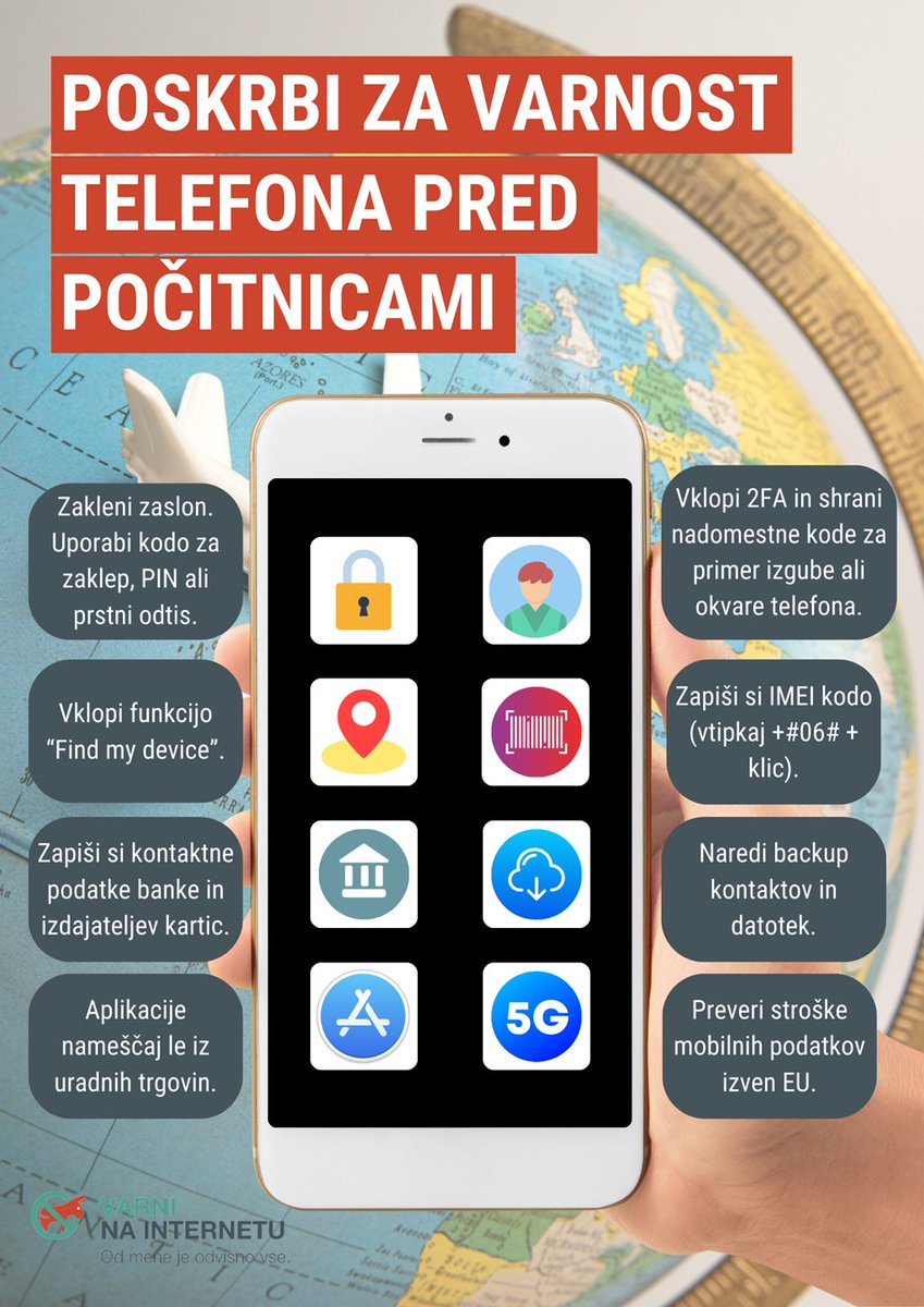 Poskrbite za varnost svojih naprav še pred odhodom na dopust. Pripravili smo nekaj temeljnih napotkov, katere korake morate storiti - naj bodo najpomembnejši ustrezen backup, izpis varnostnih kod in aktiviran Find my device. Več pa v svetovalnem članku varninainternetu.si/poskrbite-za-v…