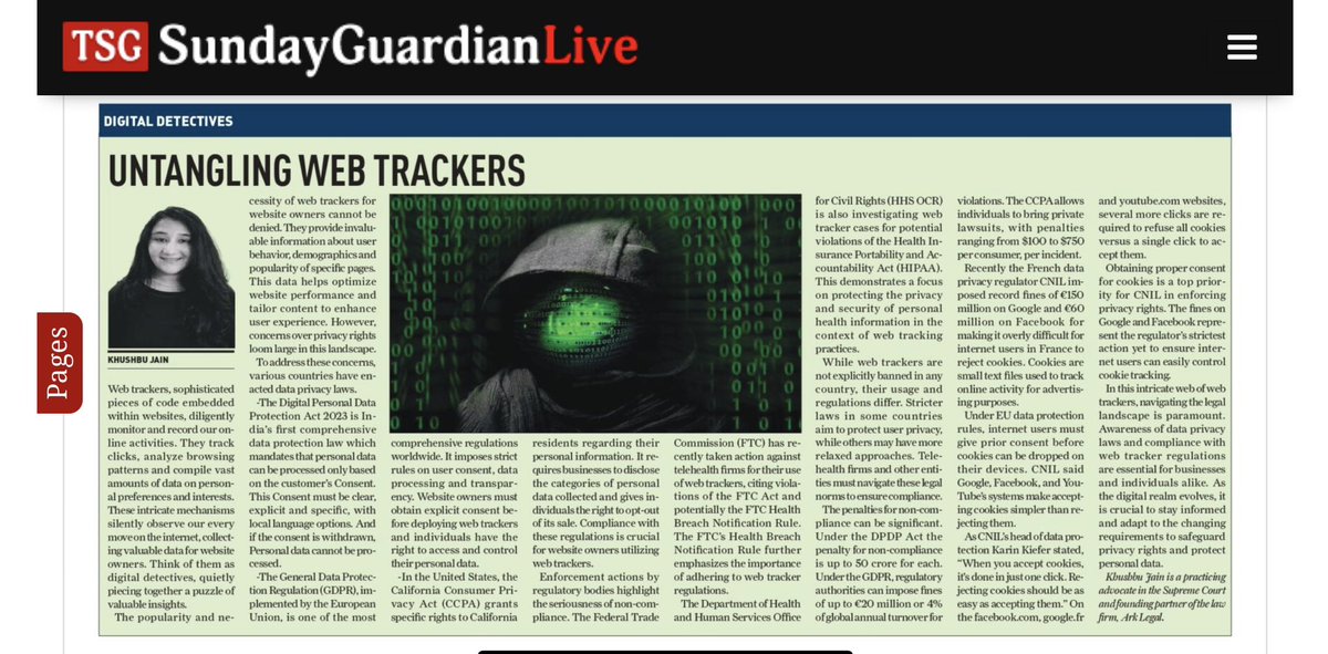 advocatekhushbu's tweet photo. I write for Sunday Guardian on the topic ‘untangling web trackers’.

#web #trackers #dpdp #privacy #cookies #ccpa #law #business #advertisement #digitaltracker #privacylaw #arklegal https://t.co/LNDlHDIIc4