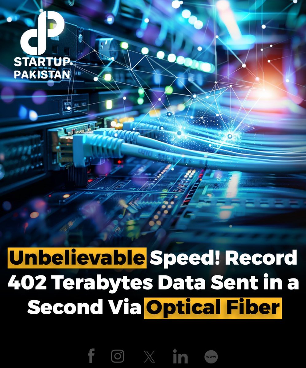 PakStartup's tweet image. A team of researchers has set a groundbreaking data-rate record in optical fiber by achieving a novel optical transmission bandwidth of 37.6 THz, enabling a remarkable 402 terabytes per second (Tb/s) data transfer rate in a standard optical fiber. 

#speed #opticalfibre #TB