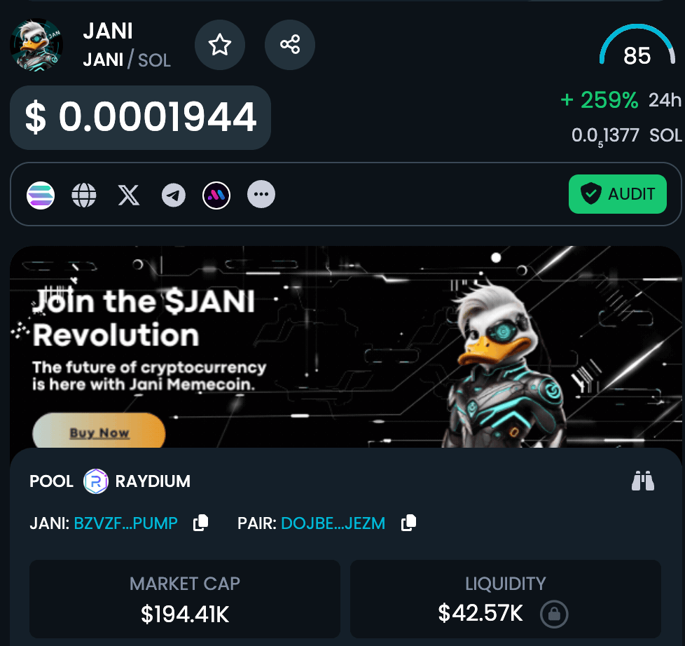 JaniOnSOL's tweet image. 🚀 $JANI UP 259% in 24 hours! What started as a joke to surprise our friend Jani on his birthday has turned into a thrilling surprise for all of us.

@DEXToolsApp and @dexscreener updated! What's next?

DEXTOOLS: dextools.io/app/en/solana/…

DEXSCREENER: dexscreener.com/solana/DojBehC…