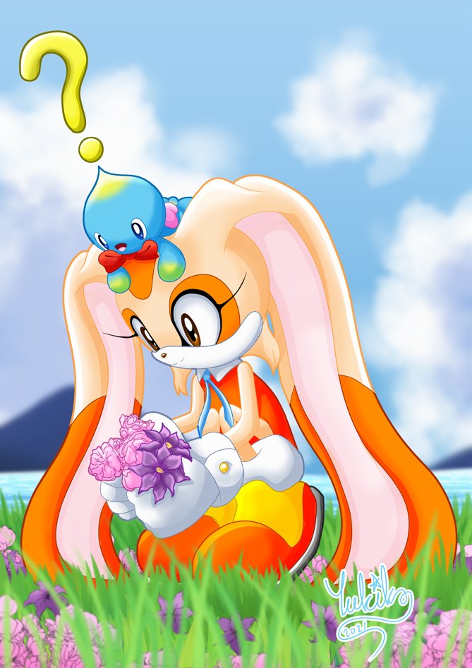 AmyRoseStudio's tweet image. Cream and Cheese taking flowers. Ilustración hecha en 2021.