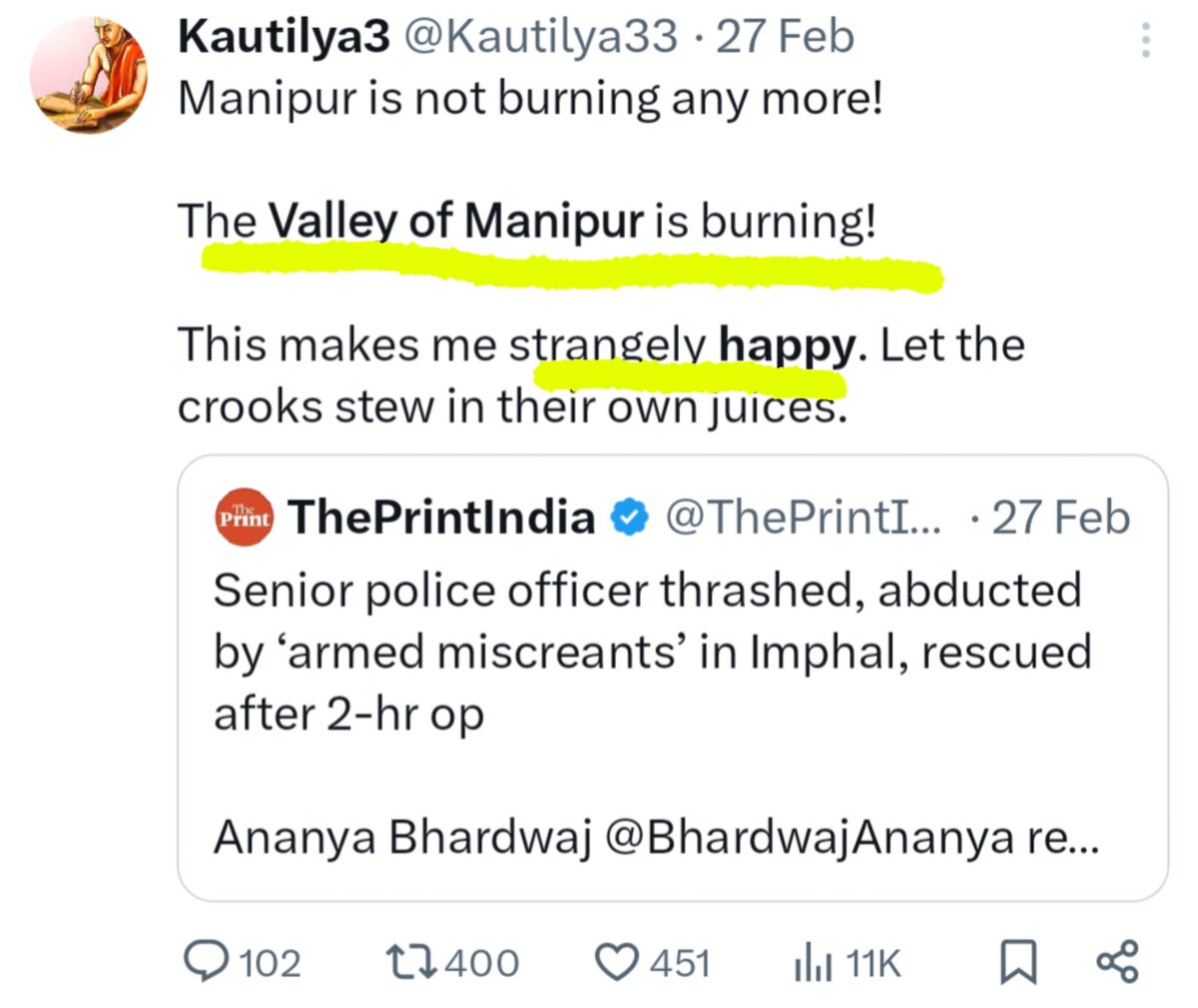 <a href="/ndtv/">NDTV</a> He is the crook who is happy that Manipur Burns and India remain divided. Now drink your own juice <a href="/Kautilya33/">Kautilya3</a>  a.k.a Uday Reddy.
