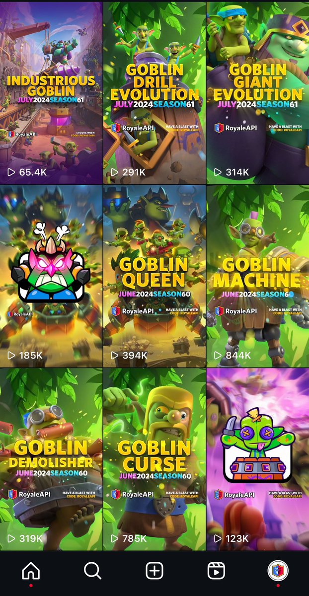 seeminglee's tweet photo. A while ago, a creator asked me why we post to IG when no one is posting Clash Royale content there.
Here’s a reason: when no one posts anything there, they will come to you for content. #smlphil
Don’t blindly follow business strategy that advices you to only open shop at places where the competition is already saturated and fierce.
You should definitely have a presence in those places, but there are some hidden benefits in creating a presence in places where there isn’t a lot of quality content also.
Screenshot: number of views of the short videos posted recently for RoyaleAPI.
#smldata #smluniverse