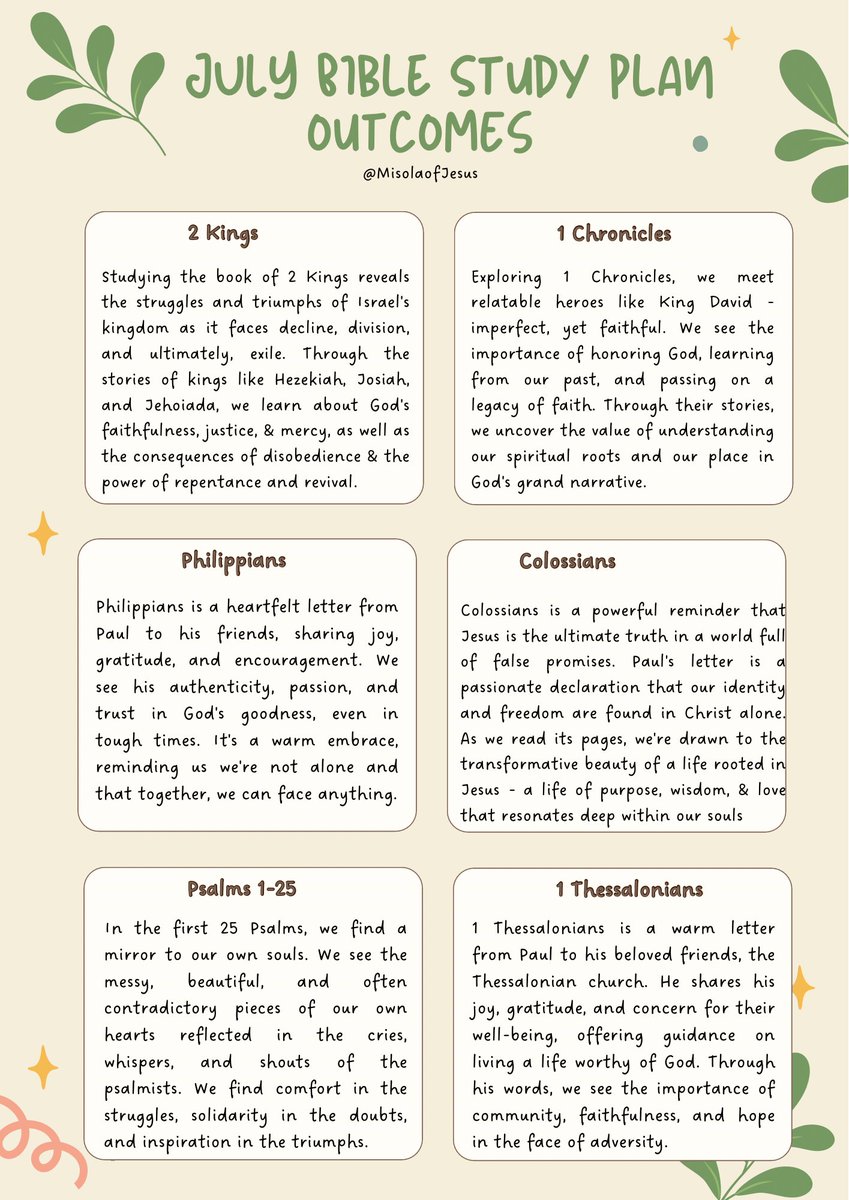 MisolaofJesus's tweet image. July Bible Study 2024 plan is here!!!💃

Let's take our Bible study to the next level this month! In addition to reading, let's commit to memorizing one verse ( Pick as the Spirit leads) from our weekly readings. 

Check out the 3rd frame for some helpful tips to get you started!