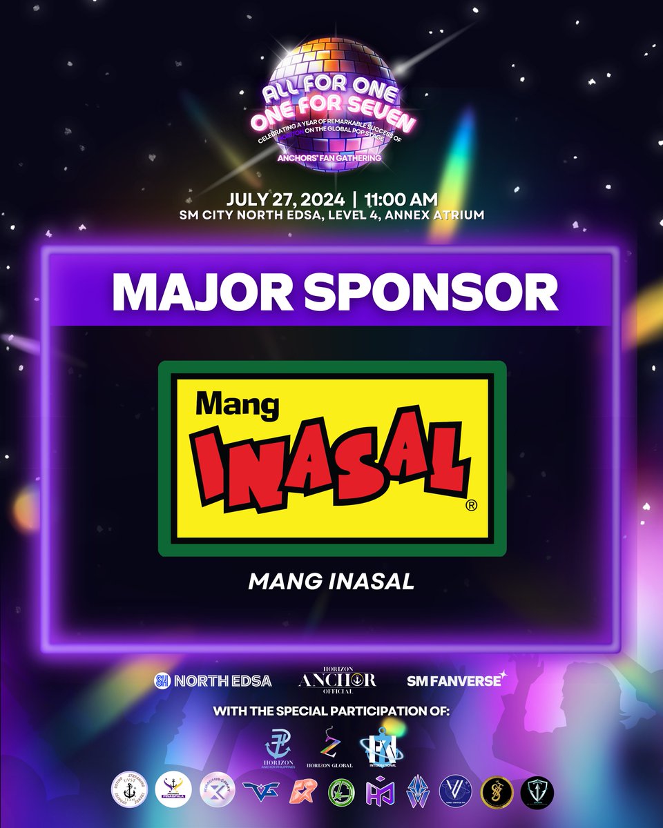 H7NAnchorOFC's tweet photo. MANG INASAL NATION INVADES THE ANCHORVILLE 🍗🍖🔥

We are proud to announce that ✨ HORI7ON’s Debut Anniversary Event ✨is in partnership with the “Strongest Filipino Brand of 2024” , no other than @MangInasalPH !

Exciting prizes await for the “lucky” attendees on July 27 from Mang Inasal! Be ready for an 🍡🍢IHAW-tastic♨️🔥 day for us to celebrate together!

ANCHORs, let everybody say: #ILoveMangInasal ! 💚💛❤️

So what are you waiting for?  MAKI-ANCHORSAYA NA SA MANG INASAL 🥳🎉〽️

ONE FOR SEVEN HORI7ON

#WeAreOneForSeven 
#HORI7ON #호라이즌 
#MangInasal 
@HORI7ONofficial 
@smsupermalls @smnorthedsa 
@H7NAnchorPH @kimchisArmy
@H7International @HORI7ONGLOBAL 
@TeamVinciGlobal @ReysterGlobal
@H7NMarcusGlobal @H7WinstonGLOBAL
@H7NKylerGlobal @vinciunitedph
@SoledAnchors @H7NStreamTeam
@TeamUvst_23 @Anchors_GA