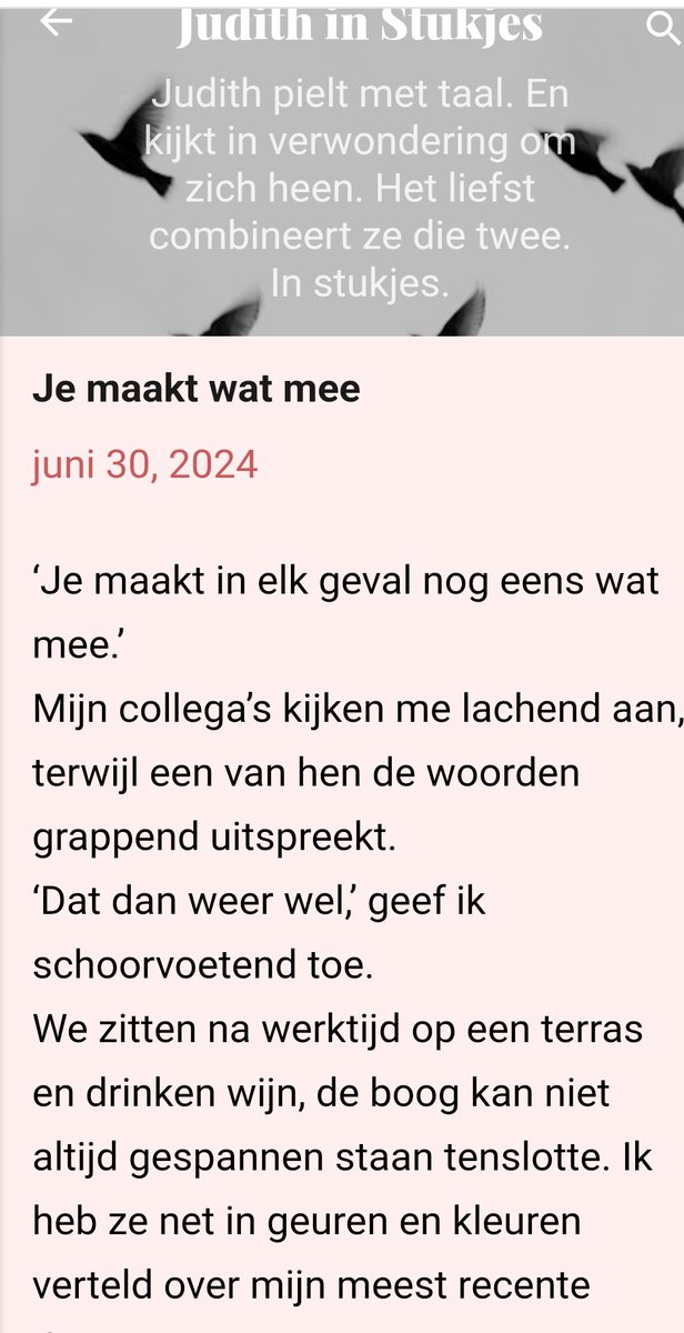 Een nieuwe Judith in Stukjes: Je maakt wat mee
Over het wel en (vooral) wee tijdens mijn meest recente date-avontuur. Het bleek (spoileralert) geen onverdeeld succes.
#daten #hetleeddatdatenheet #blog #schrijven #verhalen #judithinstukjes judithinstukjes.blogspot.com/2024/06/je-maa…