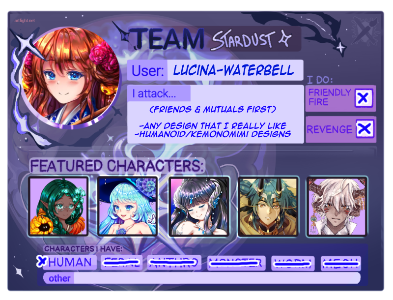 LWaterbell's tweet photo. Joining #artfight2024 in Team Stardust since most of my Mutuals are Team Seafoam this year :D I will probably not be able to do full Illustrations but wanna try my best to be active and attack/defend <3 https://t.co/GpeEBZzqSS
