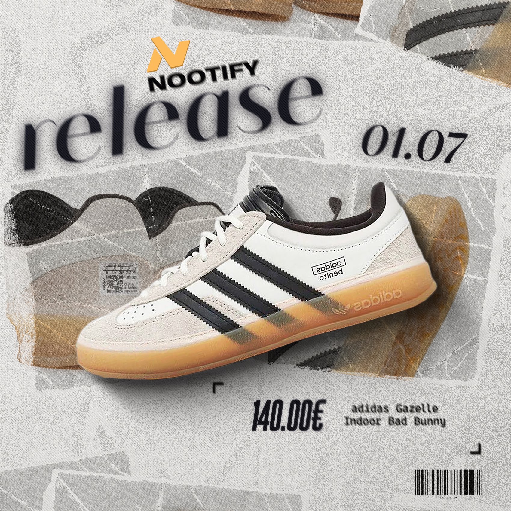 Nootify on X Bad Bunny x adidas Gazelle Indoor White Release Confirmed for 01 07 2024 Join us now https t FdQqEAdMyL https t gfjFDfHUTY X