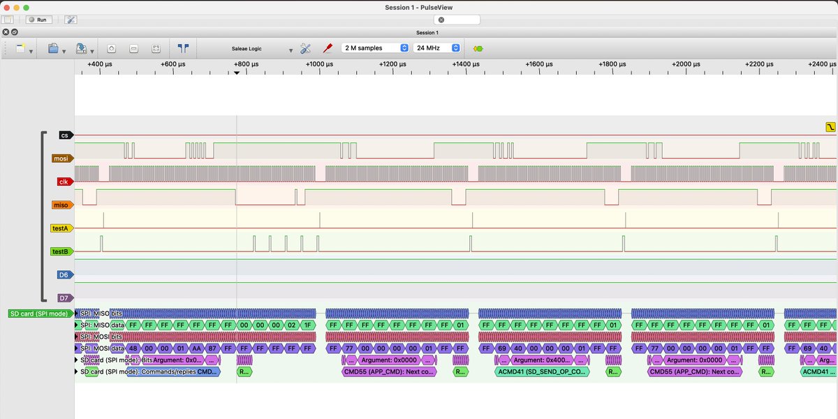 cavearr's tweet photo. Implementing micro SD card block for ❄️#icestudio and #verilog. Things appears start to work!! #FPGAWars #FPGA #FPGAfriday. Using opensource tools for debugging hardware in realtime, the amazing pulseview @sigrokproject https://t.co/CZyeO2qCHl