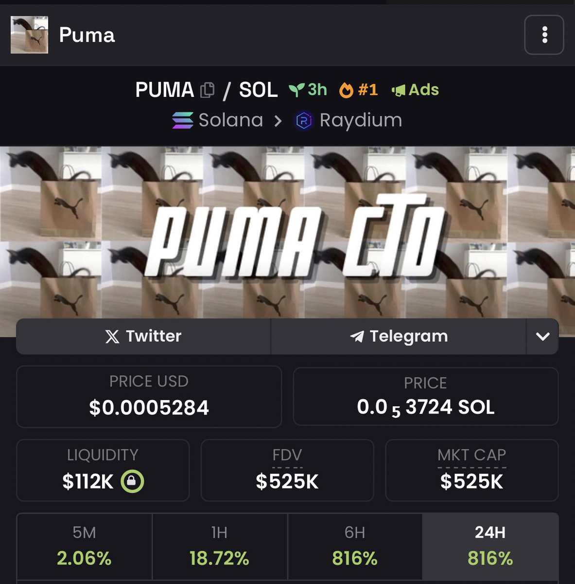 sharpinvestr's tweet photo. https://t.co/I1pfbRBx8v

$PUMA aped this at 400k 🤝🤝

VC is going off this could be a runner potentially… https://t.co/J6RkrPi5CA