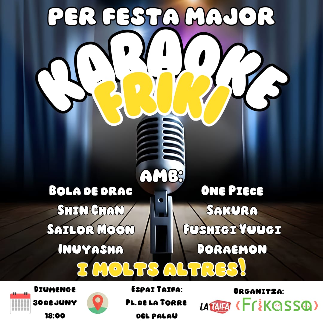 Recordeu que AQUESTA TARDA tenim el karaoke friki a l'<a href="/espailataifa/">La Taifa | Espai Tradicional Autèntic</a> 🎤

Ens veiem d'aquí a una estona!!

📅 AVUI
🕕 18h
📍Plaça Torre del Palau