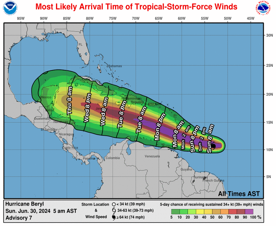 Hurricane #Beryl continues to quickly strengthen this Sunday morning. The storm is now a very dangerous category 3 hurricane with maximum sustained winds of 115 mph. Life-threatening winds and storm surge are expected in portions of the Windward Islands by early Monday. Latest at