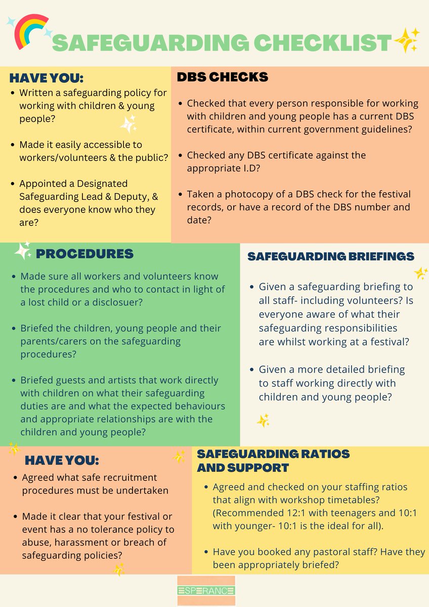 Hey festivals! We're all looking forward to having a great summer enjoying some live folk music! Here's a helpful 🧵

We've put together a handy guide to help ensure that we can all stay safe this summer, check out our safeguarding checklist:
 #Esperance #Festivals #Safeguarding