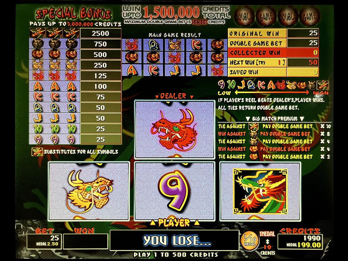 PokerSintra's tweet image. Dragon King(龍王)🎰ロケテスト稼働→Golden Statueと図柄違いで基本構造同じ→赤緑原色チカチカで派手→DoubleGame配当確認用(BMPあり)
#メダルゲーム #cron

sticker wildは期待感があってゲーム構造は悪くないのに、よりによって他ゲームのwild図柄全部使い回していて混乱大(特にDoubleGame)