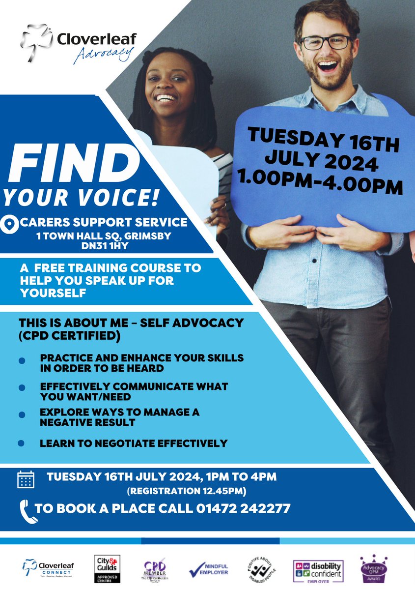 Find your Voice is back on the 16th of July. 

It will be at the Town Hall in Grimsby from 1pm til 4pm. This is a great way to learn skills to help yourself speak up, communicate effectively, manage negative outcomes and negotiate. 

#advocacy #awareness #community #selfadvocacy