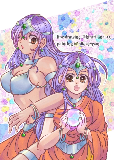 らなさんのマーニャとミネアを塗り絵させていただきました!!線画の時点で美しく華やかな姉妹 雰囲気を活かせるよう、いつもよりハイライト多めでらなさん、素敵な線画ありがとうございました勉強になったし何より楽しかったです