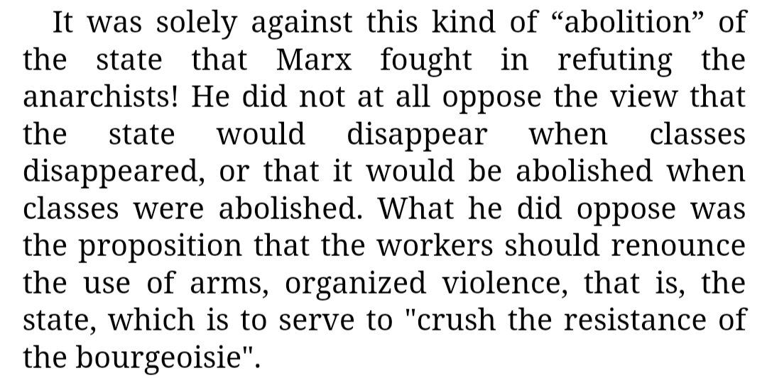 BmoreOrganized's tweet photo. I have no idea what version of State and Revolution this person is reading, but it can't possibly be the one where Lenin very explicitly talks about a systematized, organized, state apparatus for the violent repression of bourgeois resistance. https://t.co/HlU925UBql