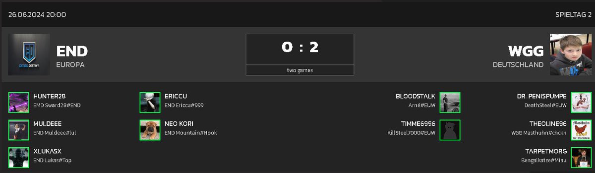 Kleiner Nachtrag zum letzten Spiel (26.06.24):
Leider mussten wir uns WGG mit 2:0 geschlagen geben. Das Team musste mit dem Academy Toplaner spielen, da Meisch erkrankt war.
Jetzt heißt es wieder ranklotzen und weiterhin trainieren, damit wir bald wieder Siege einfahren können!