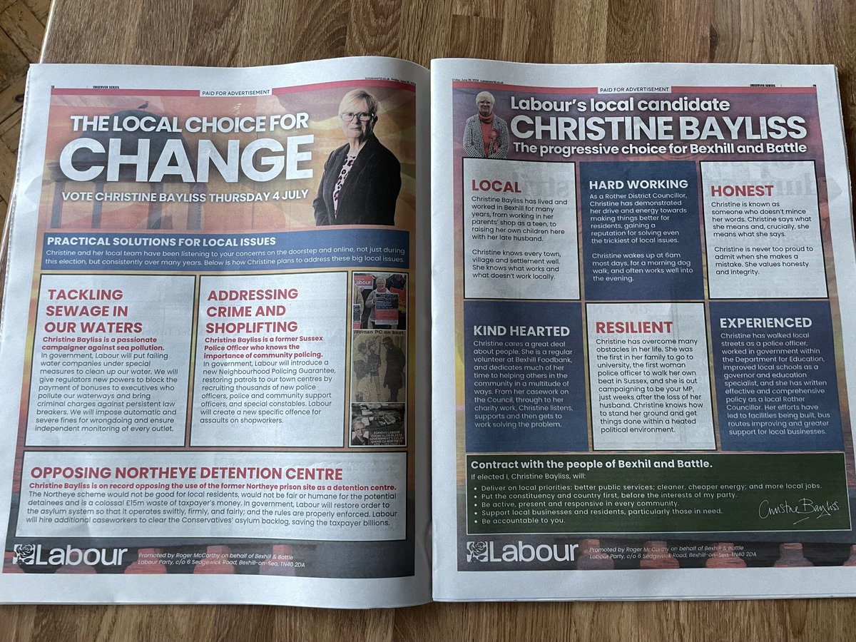 Christine Bayliss (@labourbayliss) on Twitter photo Thank you to local voters & their generous donations, we were able to purchase a two-page spread in the <a href="/BexhillObs/">Bexhill Observer</a>. Lots of information on the issues that matter. "If you want change you have to vote for it!" <a href="/BexBatLabour/">Bexhill and Battle Labour</a> <a href="/TimGMacpherson/">TimMacpherson🌹</a> <a href="/peterduncans/">Peter Duncan</a> <a href="/EllyMGibson/">Elly Gibson</a> <a href="/RotherGreens/">Rother Green Party</a> Thank you to local voters & their generous donations, we were able to purchase a two-page spread in the <a href="/BexhillObs/">Bexhill Observer</a>. Lots of information on the issues that matter. "If you want change you have to vote for it!" <a href="/BexBatLabour/">Bexhill and Battle Labour</a> <a href="/TimGMacpherson/">TimMacpherson🌹</a> <a href="/peterduncans/">Peter Duncan</a> <a href="/EllyMGibson/">Elly Gibson</a> <a href="/RotherGreens/">Rother Green Party</a>
