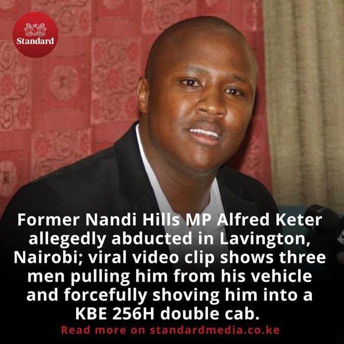 deniskipruto03's tweet photo. Former Nandi Hills MP Alfred Keter was arrested/ abducted by plainclothes men as his wife and children watched in shock. He was then driven away. William Ruto is on a revenge mission. #FreeKeter https://t.co/z9YC8lNx1u