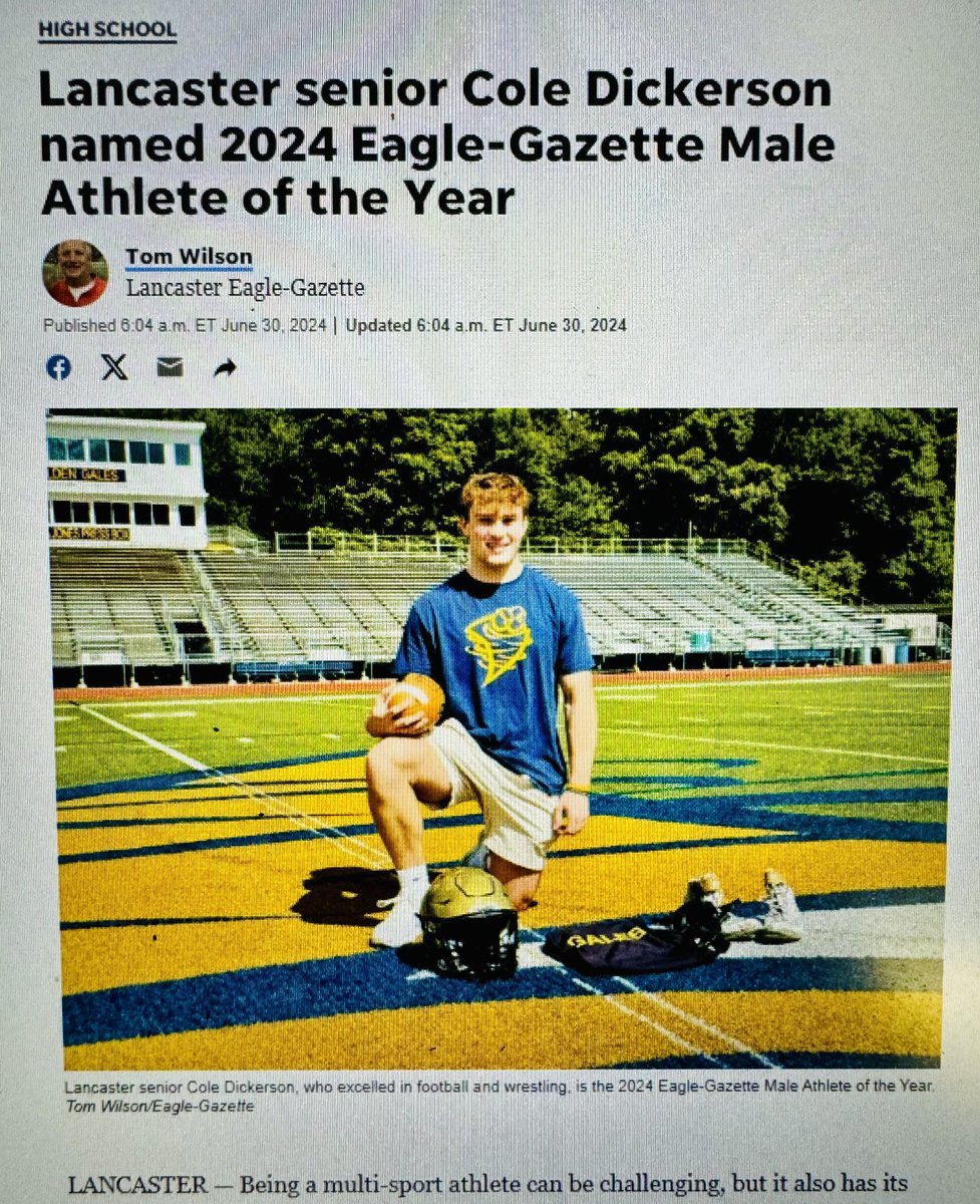 Thomas Wilson (@twil2323) on Twitter photo Huge congrats to Lancaster’s Cole Dickerson. He is the 2024 Eagle-Gazette Male Athlete of the Year. <a href="/GalePride/">Lancaster Golden Gales Football</a> <a href="/GaleWrestling/">GaleWrestling</a> <a href="/lancastergales/">LancasterGales</a> Huge congrats to Lancaster’s Cole Dickerson. He is the 2024 Eagle-Gazette Male Athlete of the Year. <a href="/GalePride/">Lancaster Golden Gales Football</a> <a href="/GaleWrestling/">GaleWrestling</a> <a href="/lancastergales/">LancasterGales</a>