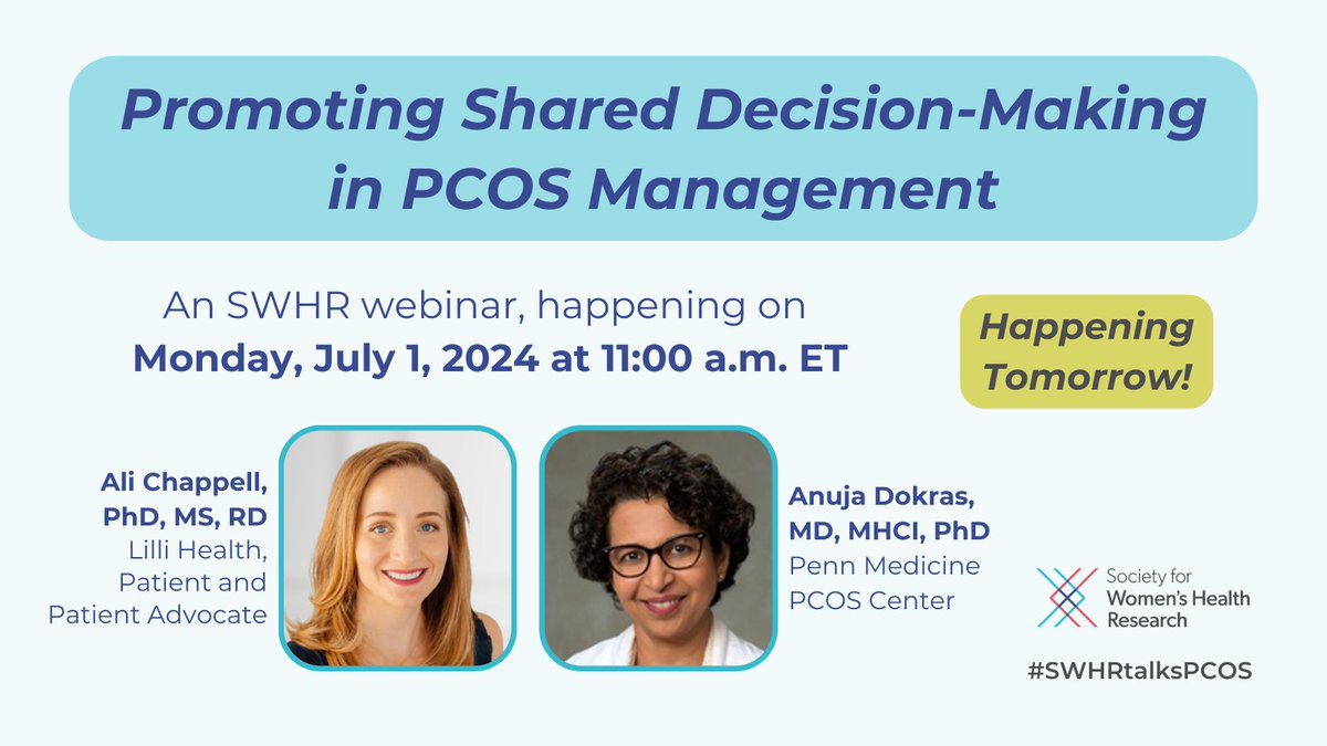 SWHR (@swhr) on Twitter photo Happening tomorrow! Register now for the July 1 webinar with experts from Lilli Health and <a href="/PennMedicine/">Penn Medicine</a> discussing how women and providers can collaborate to improve diagnosis and treatment of #PCOS across the lifespan ow.ly/wxyS50S9VwV <a href="/AnujaDokras/">Anuja Dokras, MD MHCI PhD</a> #SWHRtalksPCOS Happening tomorrow! Register now for the July 1 webinar with experts from Lilli Health and <a href="/PennMedicine/">Penn Medicine</a> discussing how women and providers can collaborate to improve diagnosis and treatment of #PCOS across the lifespan ow.ly/wxyS50S9VwV <a href="/AnujaDokras/">Anuja Dokras, MD MHCI PhD</a> #SWHRtalksPCOS