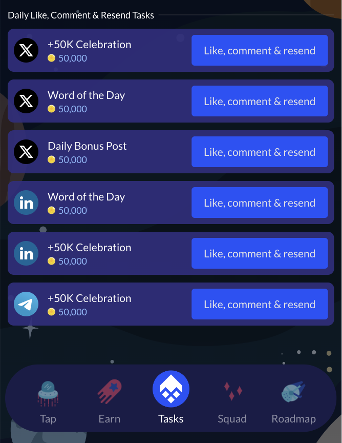 🎉 We're thrilled to celebrate reaching 50,000 Obians together!

🌟 For today only, each daily task will earn you 50,000 points.

🤗 Keep inviting your friends to join us at t.me/obix_bot and help us make the Obixia Universe stronger on Telegram! 🌌🚀

#telegram