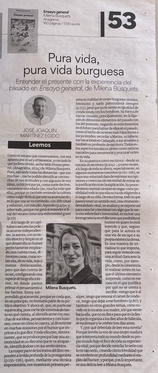 La lectura de la semana (160): ENSAYO GENERAL de Milena Busquets.

Reseña en la fotografía que acompaña a este texto, la cual ha sido publicada por el Diario INFORMACIÓN hoy 30 de junio
<a href="/informacion_es/">INFORMACION.es</a> <a href="/UA_Universidad/">Universidad de Alicante UA</a> <a href="/ComprensLectora/">Comprensión Lectora</a> <a href="/AnagramaEditor/">Editorial Anagrama</a>  <a href="/LletresUA/">LletresUA</a> #ensayogeneral