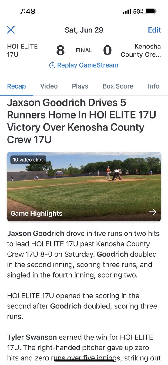 HOI ELITE continues to roll with a complete game 5 inning no-hitter from <a href="/swany4013567/">Tyler Swanson</a> 
<a href="/GoodrichJaxson/">Jaxson Goodrich</a> monster game 2-2 2b 5RBI
<a href="/PantherHardball/">Panther Hardball</a> <a href="/EpgBaseball/">EPG Baseball</a> <a href="/NCIronBaseball/">Ironmen Baseball</a> <a href="/MinutemenBSB/">Lexington Baseball</a>