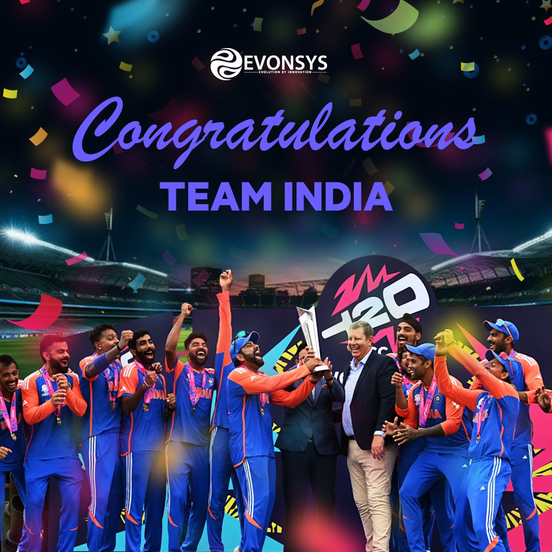 EvonSys's tweet photo. Congratulations, Team India, and thank you for bringing home the glory! Your triumph fills our hearts with pride and joy.
 
Let’s celebrate this glorious achievement and cherish this historic win!

#ICCT20 #IndiaCricket #EvonSys #lowcodedevelopment #t20worldcup https://t.co/L6Vi5RZgds