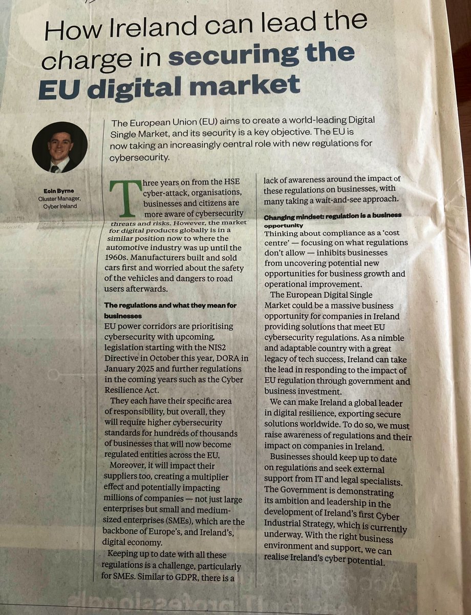 Great article in todays <a href="/businessposthq/">Business Post</a> by <a href="/MTU_ie/">Munster Technological University</a> Dr Eoin Byrne <a href="/CyberIreland/">Cyber Ireland</a> #CyberSecurity #succeedingtogether