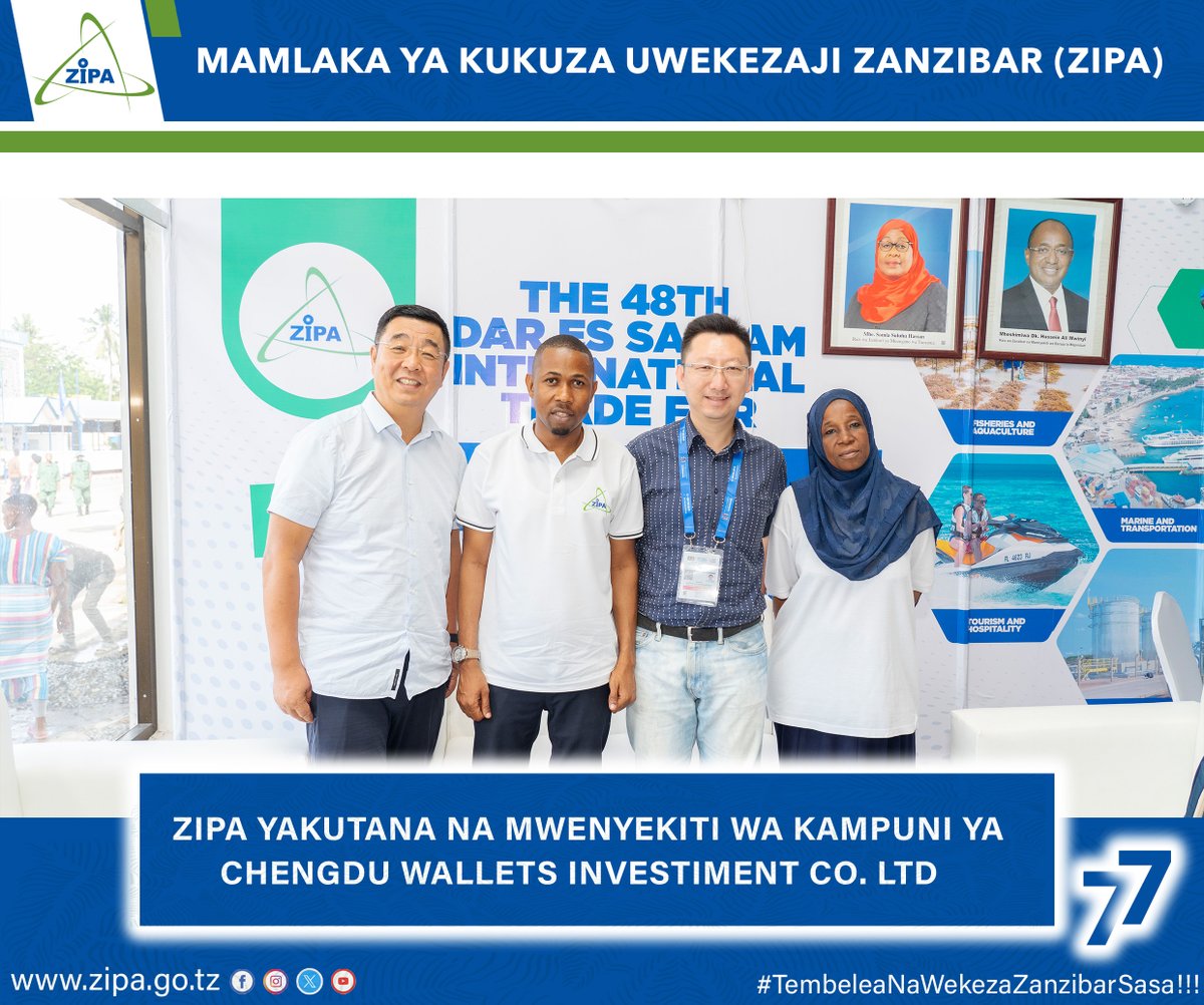 Mamlaka ya Kukuza Uwekezaji Zanzibar (ZIPA) Imekutana na Mwenyekiti wa Kampuni ya Changdu Wallet Investment Co. Ltd Bw. Zeng Fanliang katika Viwanja vya Saba Saba Dar Es Salaam.

#visitzanzibar
#wekezazanzibar
#investinzanzibar