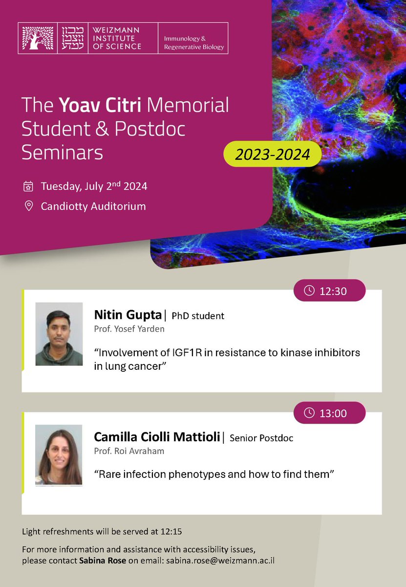 Presenting for last #IRB_Students_Seminars before summer break:

Nitin Gupta (Yarden lab): Involvement of IGF1R in resistance to kinase inhibitors in lung cancer.
 (1/2)