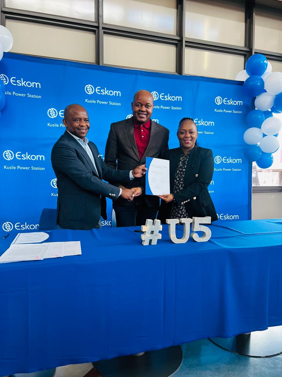 Eskom_SA's tweet photo. #EskomMediaStatement 

Eskom adds 800MW to grid as Kusile Unit 5 achieves commercial operation.

(Picture 4) From left to right: Kusile Power Station General Manager Christopher Nani, Eskom Group Executive for Generation Bheki Nxumalo and General Manager Projects, Zandi Shange officially facilitating the transfer of Kusile Unit 5 from the new build programme to operations.

#Kusile